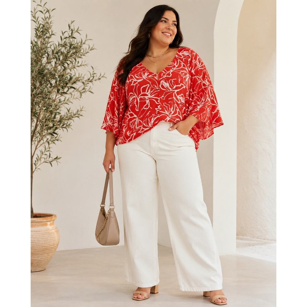 JODIFL Womens Plus Size 1X Orange Floral V Neck Kimono Sleeve Boho‎ Blouse